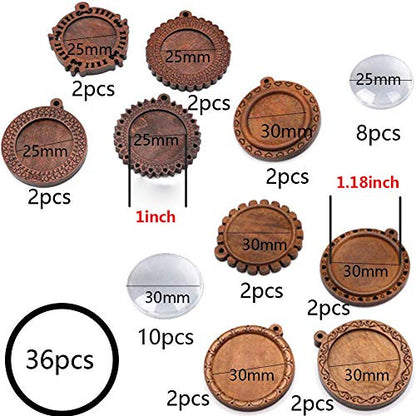 ToBeIT 36pcs Bezel Pendant Trays round wooden and Glass Cabochon Round Clear Dome for DIY Crafting Photo Jewelry Making