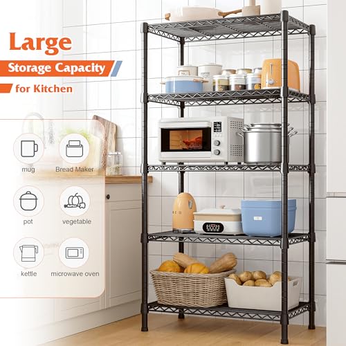 REIBII Wire Shelving Rack 5-Tier Metal Shelves for Storage Adjustable Garage Shelving Heavy Duty Storage Shelves for Storage Rack, 24" W X 14" D X REIBII