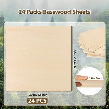 Basswood Sheets 1/8 x 12 x 12 inch - 3mm Basswood Sheets Plywood Sheets Balsa Wood, 24Pcs Square Unfinished Wood Board for DIY Crafts, Laser Cutting,