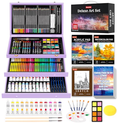 Soucolor Art Supplies, 192-Pack Deluxe Art Set Drawing Painting Supplies Art Kit with Acrylic Pad, Watercolor Pad, Sketch Book, Canvases, Acrylic Soucolor