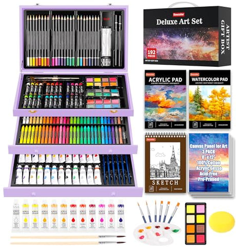 Soucolor Art Supplies, 192-Pack Deluxe Art Set Drawing Painting Supplies Art Kit with Acrylic Pad, Watercolor Pad, Sketch Book, Canvases, Acrylic Soucolor