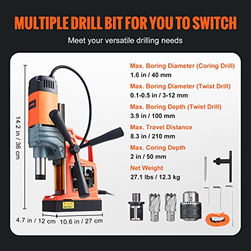 VEVOR Mag Drill Press, 1300W 1.57" Boring Diameter, 2922lbf Power Magnetic Drill, 0-700 PRM Forward and Reverse Tapping, 10-Speed, Electric Drilling - WoodArtSupply