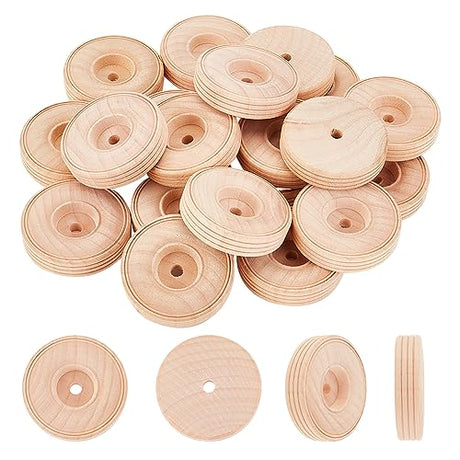 OLYCRAFT 20Pcs Wood Craft Wheels 2x0.5 Inch Unfinshed Wooden Wheels Small Wood Wheels Treaded Wooden Tools Wheel with 0.2 Inch/6mm Hole for DIY Small OLYCRAFT