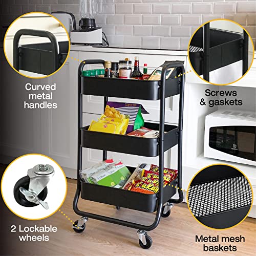 HOMESTEAD 3-Tier Rolling Cart - Heavy Duty Metal Rolling Cart, Lockable Casters, Multifunctional Storage Shelves - Great for Kitchen, Office, - WoodArtSupply