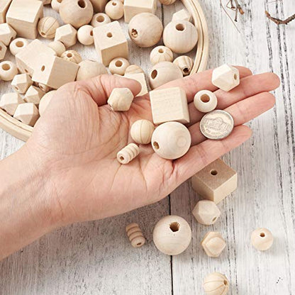 150pcs Assorted Natural Wooden Beads Round/Cube/Polygon/Bicone/Column/Rondelle/Oval Wood Spacer Beads Unfinished Loose Beads for Jewelry Making - WoodArtSupply