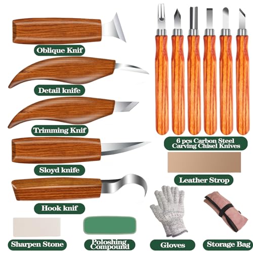 Wood Carving Kit 16PCS Wood Carving Tools Hand Carving Knife Set with Anti-Slip Cut-Resistant Gloves, Whittling Knife - Wood Carving Kit with Tools.