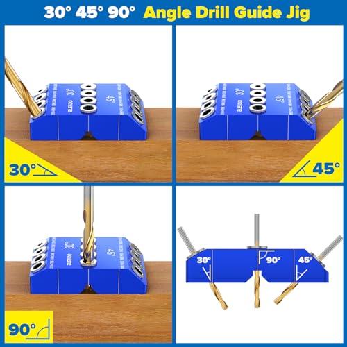 BLEKOO Blue Angled Drill Guide Jig with 4 Bits for Wood Posts & Cable Railing Lag Screw Kit, Durable All Metal Drill Jig for Drilling 30°, 45°, 90° - WoodArtSupply