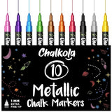 Extra Fine Tip Metallic Chalk Markers (10 Pack, 1mm) Liquid Chalk Pens - For Blackboards, Chalkboard, Bistro Menu, Window - Wet Wipe Erasable Chalkola