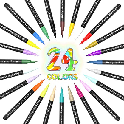 Acrylic Paint Pens for Rock Painting,Set of 24 Extra Fine Point Non-toxic Acrylic Paint Pen Paint Markers for Stone,Ceramic,Glass,Wood,Canvas,Fabrics