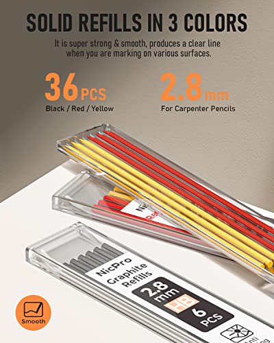 Nicpro 3 Pack Carpenter Pencil with Sharpener, Mechanical Carpenter Pencils with 39 Refills, Deep Hole Marker Construction Heavy Duty Woodworking Nicpro