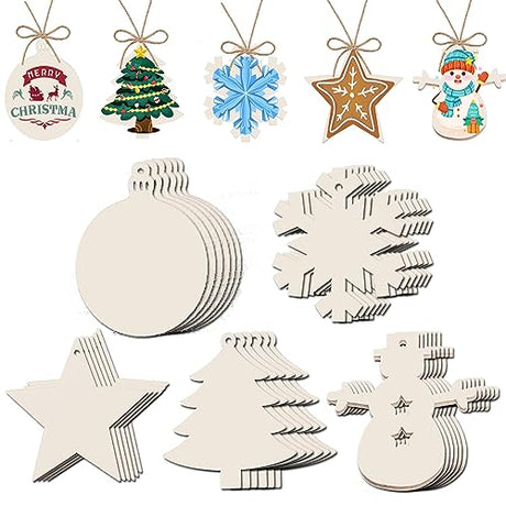 50PCS Unfinished Wood kit with Holes, Wooden Circles for DIY Crafts, Blank Wood Cutouts Wooden Tags Ornaments for Sign Gift Tags, Christmas Waeceip