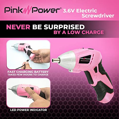 Pink Power 3.6V Cordless Electric Screwdriver Rechargeable Electronic Mini Automatic Gyroscopic Screw Gun Kit for Home - with Battery Indicator LED - WoodArtSupply