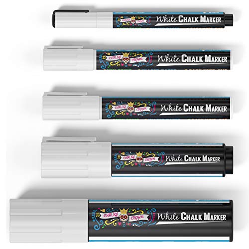 CHALKY CROWN 5pc White Chalk Markers - Non-Toxic Liquid Chalkboard Markers, White Liquid Chalk Marker for Windows, Glass - 1, 3, 6, 10, 15mm Tips CHALKY CROWN