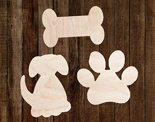 10" Set of 3 Dog Puppy Bone Paw Print Unfinished Wood Cutout Cut Out Shapes Craft