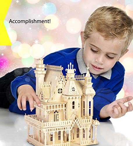 Puzzled Bundle of Furniture Set & Fantasy Villa Doll House Wooden 3D Puzzles Construction Kits, Educational DIY Playhouse Toys Assemble Unfinished