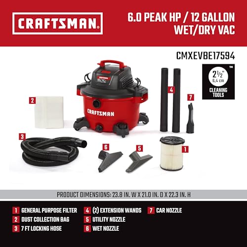 CRAFTSMAN CMXEVBE17594 12 Gallon 6.0 Peak HP Wet/Dry Vac, Portable Shop Vacuum with Attachments Craftsman