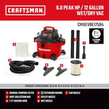CRAFTSMAN CMXEVBE17594 12 Gallon 6.0 Peak HP Wet/Dry Vac, Portable Shop Vacuum with Attachments Craftsman