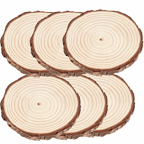 NINGWAAN 6 PCS 8-10 Inch Natural Wood Slices, Rustic Unfinished Wooden Circle with Tree Bark, Round Wood Centerpieces for DIY Crafts, Rustic Wedding Decoration, Christmas Ornaments