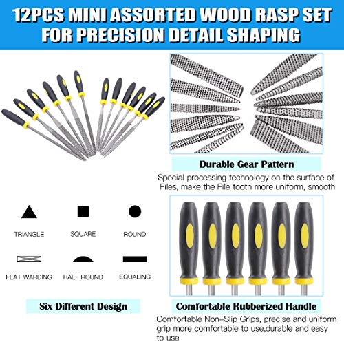 Glarks 18Pcs Assorted Wood Rasp Set Include 12Pcs Mini Hand Metal Files, A Brush and Storage Box with 4Pcs Sandpaper for Fixing Jewelers Diamond Wood Glarks