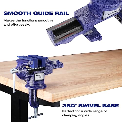 WORKPRO Bench Vise, 2.5 Inch Jaw Width Universal Table Vise, 360°Swivel Base Home Vice Bench Clamp with Magnetic Jaw Pads, Portable Clamp-on Vise WORKPRO