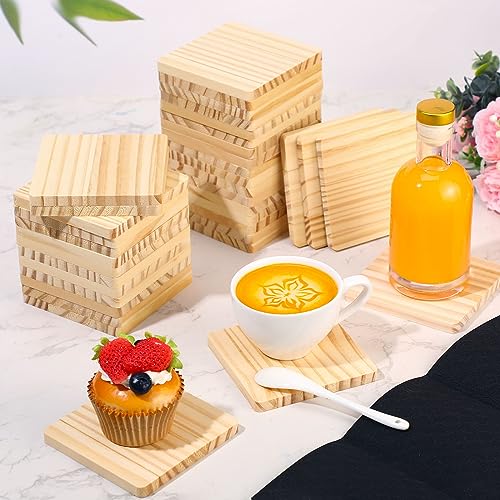 Dandat 72 Pack Unfinished Wood Coasters,4" Square Blank Wooden Coasters for Crafts,Wooden Slices for DIY Painting, Wood Craft Supplies Home Dandat