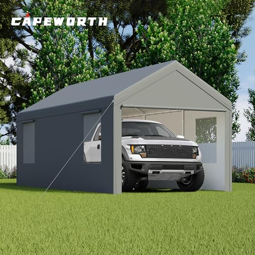 CAPEWORTH Carport,12x20 Heavy Duty Carports,Canopy,Garage,Metal Shed,with 4 Roll-up Ventilated Windows,Outdoor,Storage,Car,Boat,12x20 Gray CAPEWORTH