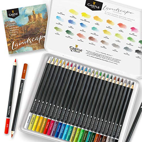Castle Arts Themed 24 Colored Pencil Set in Tin Box, perfect colors for ‘Landscapes’. Featuring quality, smooth colored cores, superior blending & Castle Art Supplies