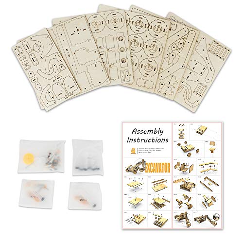 3D Wooden Construction Excavator Vehicle Toys Set, STEM Science Kit with Air Pressure System to Build A Wood Excavator Model Including 3 Replaceable Mini Tudou