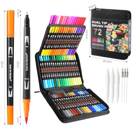 TOSHARE Dual Brush Marker Pens, 72 Colors Art Markers Set with Fine Tip and Brush Tip for Kids Adult Coloring Book Hand Lettering Calligraphy Drawing TOSHARE