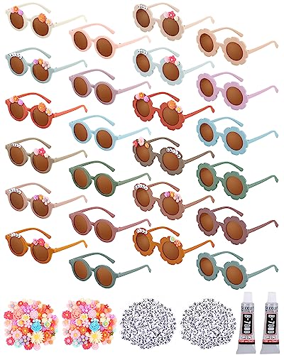 Kanayu 24 Pcs Sunglasses DIY Kit Kids Round Flower Sunglasses Bulk with 200 Random Letter Beads 100 Daisy Charms and 2 Glues Craft Party Favors Gifts - WoodArtSupply