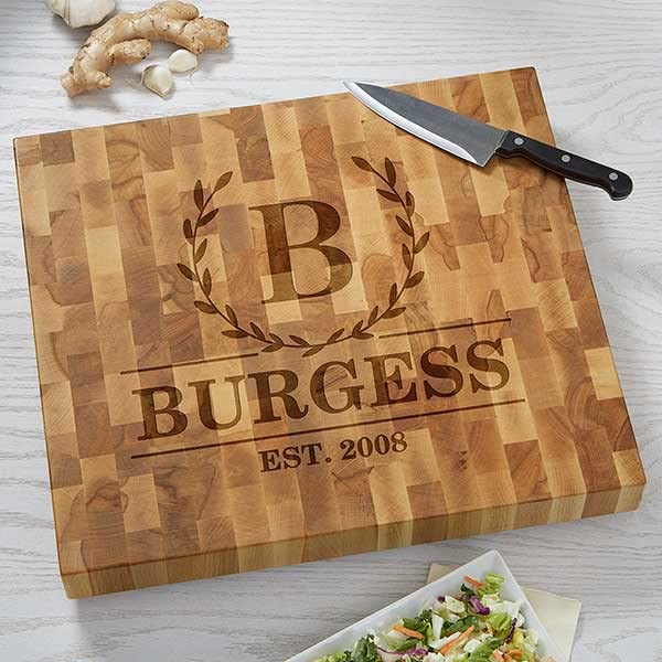 Personalization Universe Laurel Wreath Personalized Butcher Block Cutting Board, Custom Engraved Wood Cutting Board for Kitchen, First Home, House - WoodArtSupply