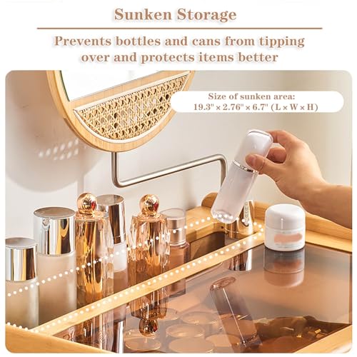 Dressing Table with Mirror and Drawers Bamboo Vanity with Stool Makeup Vanity Table Genuine Leather Handles Comfortable to Touch Silent Slide No QQB