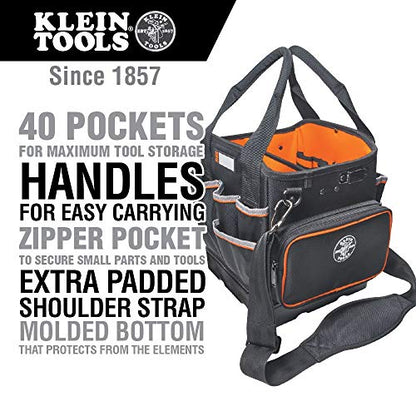 Klein Tools 5541610-14 Tool Bag with Shoulder Strap Has 40 Pockets for Tool Storage and Orange Interior - WoodArtSupply