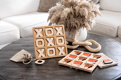Tic Tac Toe Game & Decor Set, Kids Board Games, Versatile Boho/Natural Style Tic Tac Toe Board for Classic Two Person Games, 8.63 Inches Tic Tac Toe Woobli