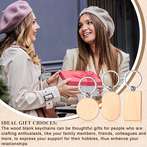 24 Pcs Wooden Keychain Blanks Wood Engraving Blanks Key Chain Unfinished Rectangle Oval Round Wood Key Tag with Plastic Storage Container for DIY Fumete