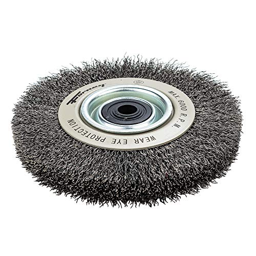 Forney 72895 Wire Bench Wheel Brush, Industrial Pro Crimped with 1/2-Inch Through 2-Inch Multi Arbor, 6-Inch-by-.012-Inch Forney