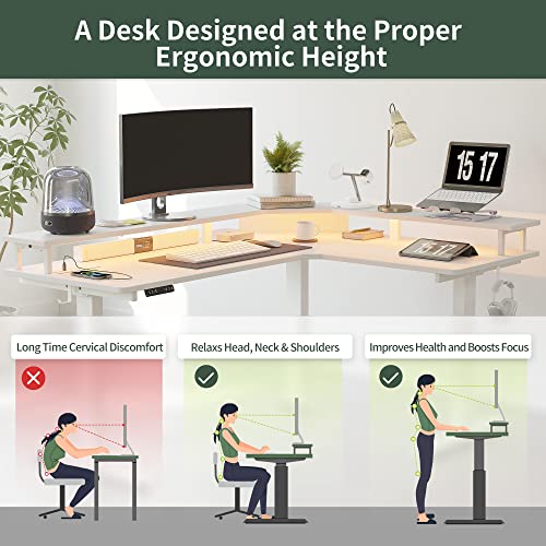 FEZIBO 63" Triple Motor L Shaped Standing Desk with LED Strip & Power Outlets, Height Adjustable Stand up Corner Gaming Desk with Ergonomic Monitor FEZIBO