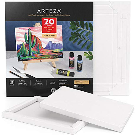 Arteza Acrylic Paper Foldable Canvas Pad, 8x11 Inches, 20 Sheets, DIY Frame, Heavyweight Acrylic Paint Paper, 220 lb, 360 GSM, Acid-Free, Art ARTEZA