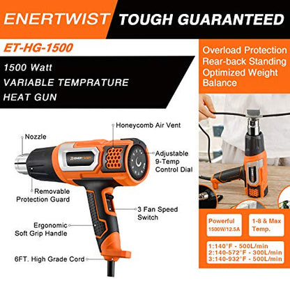 ENERTWIST Heat Gun Variable Temperature Control Hot Air Tool Kit Heating Protect for Shrink Wrapping, Paint Removal, Wiring, Tubing, Crafts, Vinyl Wrap, Automotive, Electronics Repair