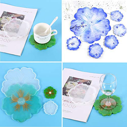 Resin Coaster Molds, Large Silicone Flower Shape Tray Coaster Resin Molds Kit for DIY Epoxy Resin Casting, Agate Coasters, Home Decor Making (6pcs)