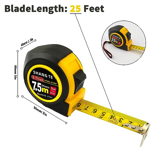 Tape Measure 25 ft, Steel Measuring Tape, Measuring Tape Retractable, 25-Foot Basics Self-Locking Measurement Tape, Self Lock Auto Lock Tape Rule Yekepal