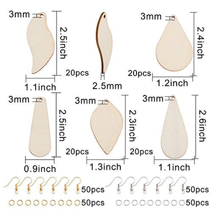 SUNNYCLUE 300Pcs 5 Shapes Unfinished Wooden Earrings Blanks Kit Unfinished Wood Large Charms Pendants Blank with Hole with 100Pcs Earring Hooks - WoodArtSupply