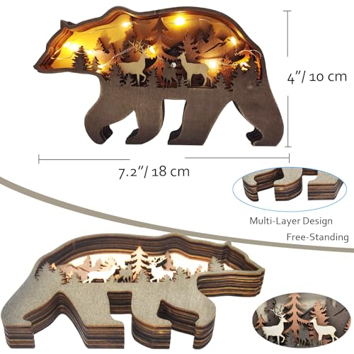 MIYOLO Light Up Bear Art Decor Wooden Brown Bear Figurine with LED Home Shelf Desk Decorations Rustic Multi-Layer Bear Crafts - WoodArtSupply