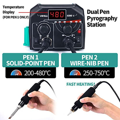 YIHUA 939D-II Pyrography Pen Wood Burning Kit Station 2-in-1 Solid-Point 200~480°C (with Temp Display)/Wire-Nib 250~750°C with 20 Nibs, Solid Points, - WoodArtSupply