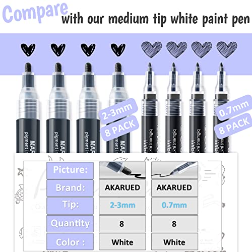 AKARUED White Paint Pen for Art - 8 Pack Acrylic White Paint Marker for  Black Paper, Rock, Stone, Wood, Canvas, Glass, Metal, Metallic, Ceramic