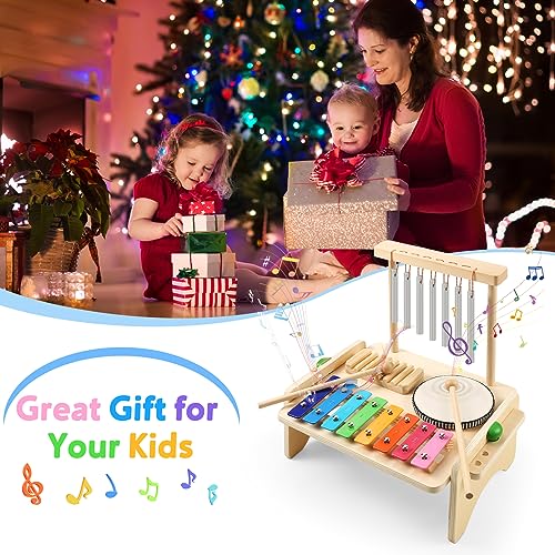 Kids Drum Set,Baby Musical Instrument for Toddler,Wooden Xylophone for Toddlers with Baby Drum Set and Wind Chime,Montessori Musical Instruments Toys BCY hohipi