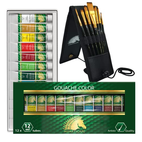 MyArtscape Supplies Paint Set - Gouache 12 x 12ml Paint Tubes with Pocket Paint Brush Set - 7 Artists' Paintbrushes - Set 1 MyArtscape