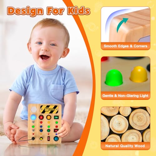 TINTECUSA Busy Board Montessori Toys for Toddler, Wooden Sensory Board Switch Toy with Shape Sorter LED Light Up Toys Educational Plane Travel TINTECUSA