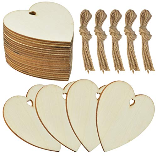 obmwang 50 Pieces 3" Natural Heart Wood Slices, DIY Wooden Ornaments Unfinished Predrilled Wooden Heart Embellishments with Natural Twine for
