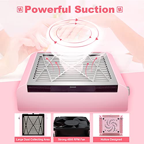 BRANTMAKER Nail Dust Collector with Brush and 2 Reusable Filters, 60W Vacuum Dust Fan for Acrylic Nails (Pink) BRANTMAKER